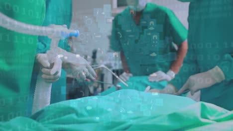 animation of data processing over team of surgeons performing operation at hospital