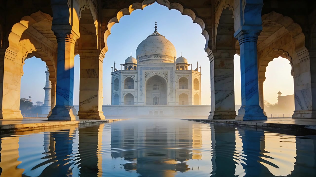 Inquadrando il Taj Mahal da un padiglione, una goccia d'acqua crea increspature mentre la telecamera avanza rivelando il riflesso