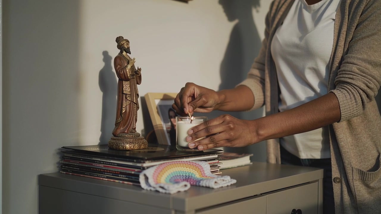Woman Lighting a Scented Candle on a Home Side Table
