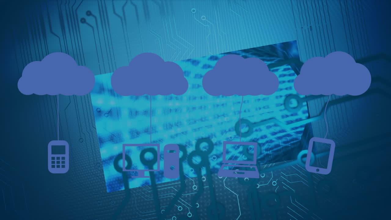 animación de nubes con iconos sobre una placa de circuito de computadora