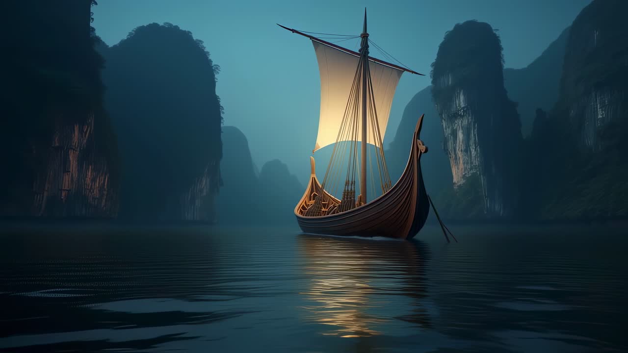 Viking ship gliding serenly through calm fjord waters, navigating between towering rocky cliffs during soft twilight, revealing ancient Nordic maritime exploration and tranquil wilderness landscape