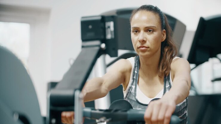 señora usando una máquina de remo en el gimnasio