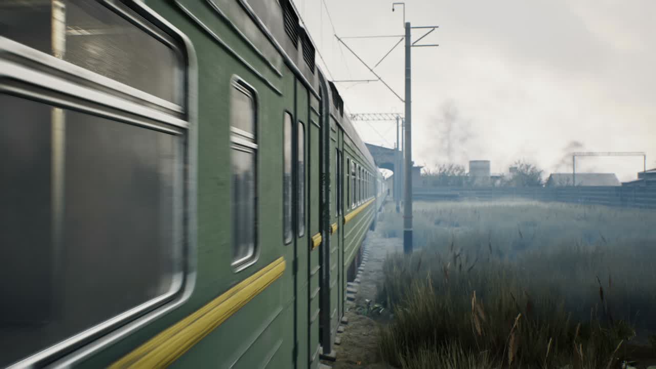 un tren vacío y sombrío que viaja a ninguna parte más allá de un pueblo abandonado. el concepto de un post-apocalipsis y ciudades abandonadas. la animación en bucle es ideal para fondos apocalípticos o de transporte.