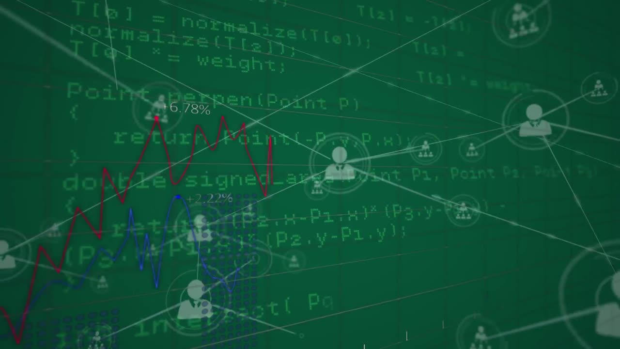 빨간 선의 애니메이션, 사람들과의 연결 네트워크 아이콘 그리드 상의 데이터 처리