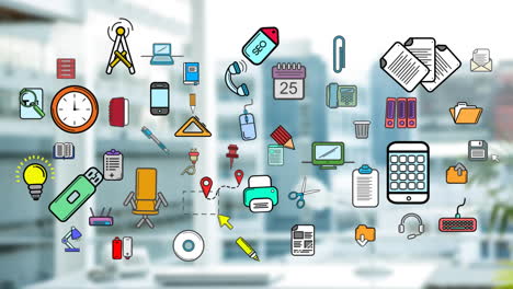 colourful icons of office items over out of focus buildings in the background