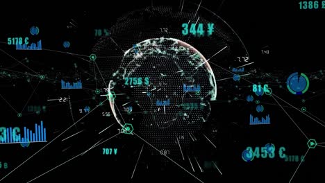 Animation-of-network-of-digital-icons-against-light-trails-over-spinning-globe-on-black-background