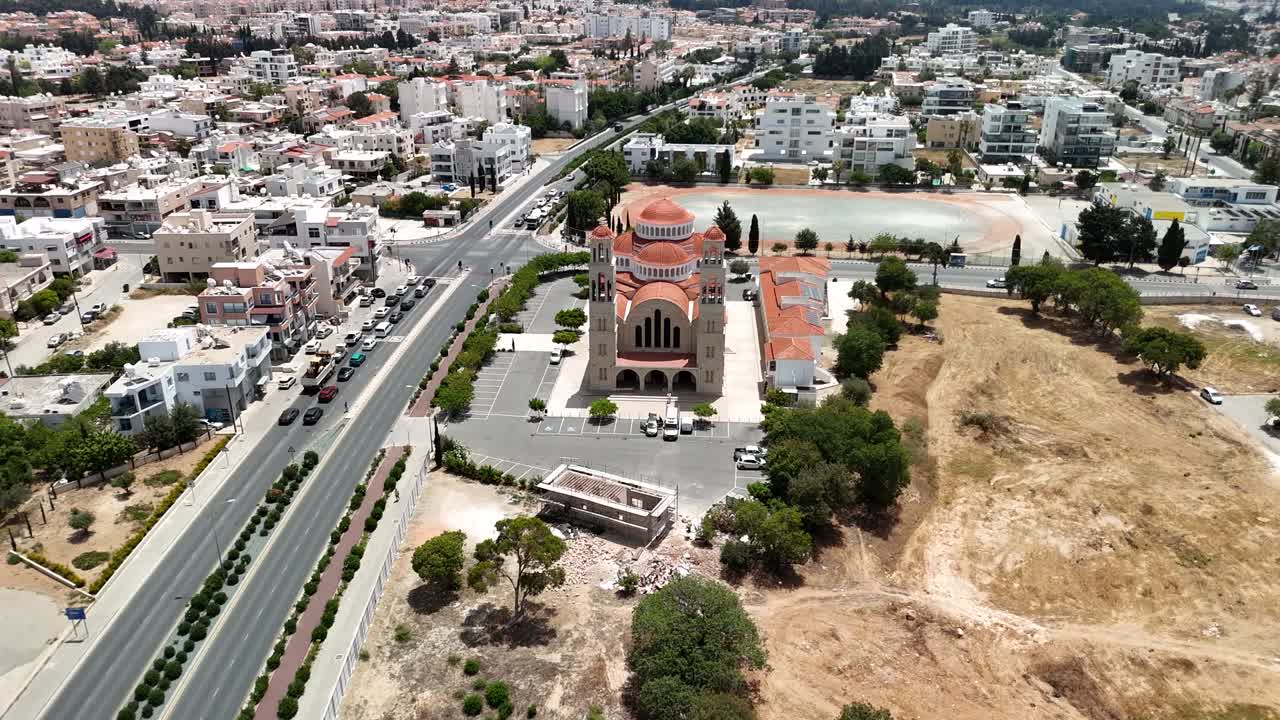 Agapinoros Street And Agioi Anargyroi Orthodox Church In Paphos City, Cyprus. - aerial