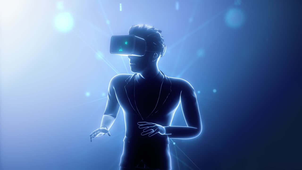 metaverse vr gioco di realtà virtuale, uomo gioca metaverse mondo virtuale tecnologia digitale controllo del gioco con vr goggle tecnologia digitale futura. simboli di matrice. loopable.