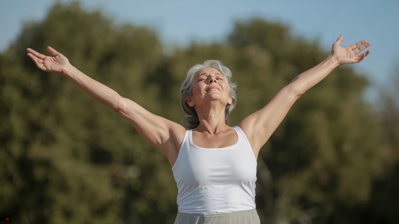 Donna anziana che si allunga, sente la luce del sole, alza le braccia e respira in un parco, canotta bianca