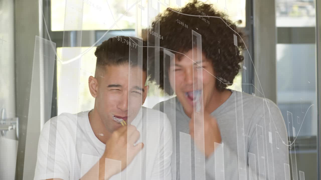 Two men brushing teeth at mirror, oral care routine syncing animated charts overlaying reflection