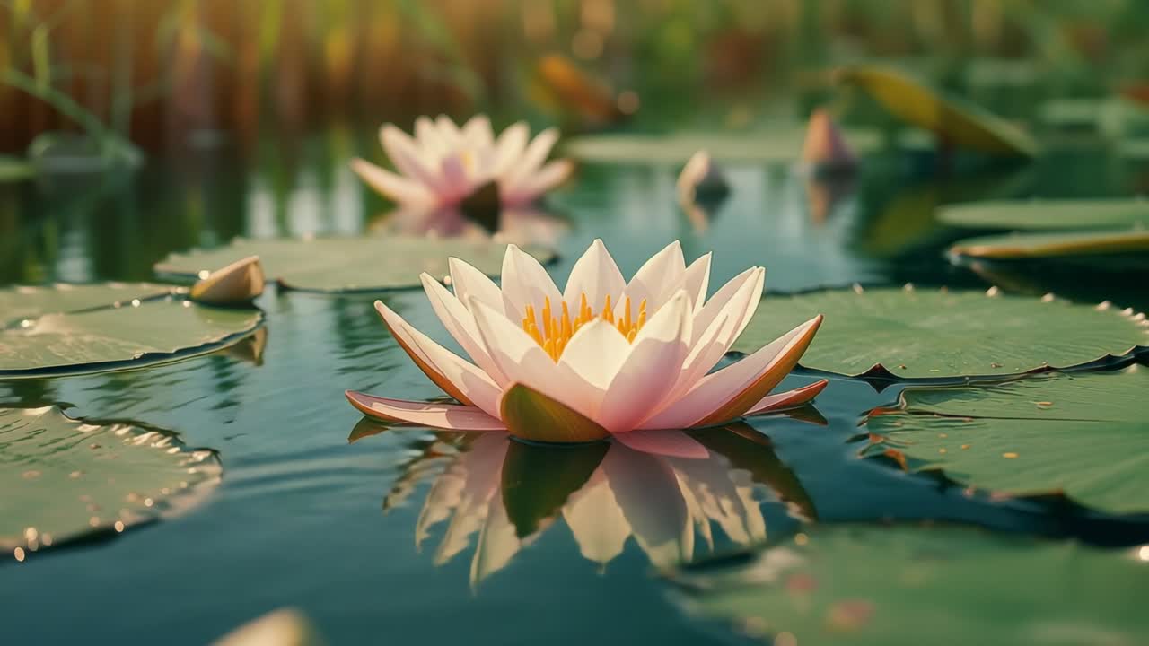 Sunlight filtering through stems lighting pale pink water lily bloom floating on pond, drifting bud