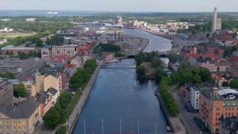 beautiful river bridges and norrkoping city in aerial drone view