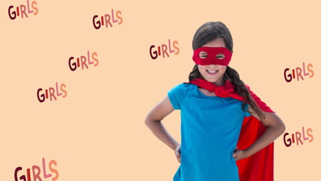 animación de una chica en disfraz de superhéroe sobre varios textos de poder de chicas en rosa