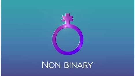 animación de un símbolo no binario púrpura con texto no binario contra un fondo azul