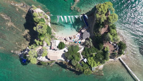 High-Angle-Aerial-View-of-Cameo-Island,-White-Beach-and-Curtains,-Tourist-Attraction-and-Scenic-Spot-of-Zakynthos,-Greece