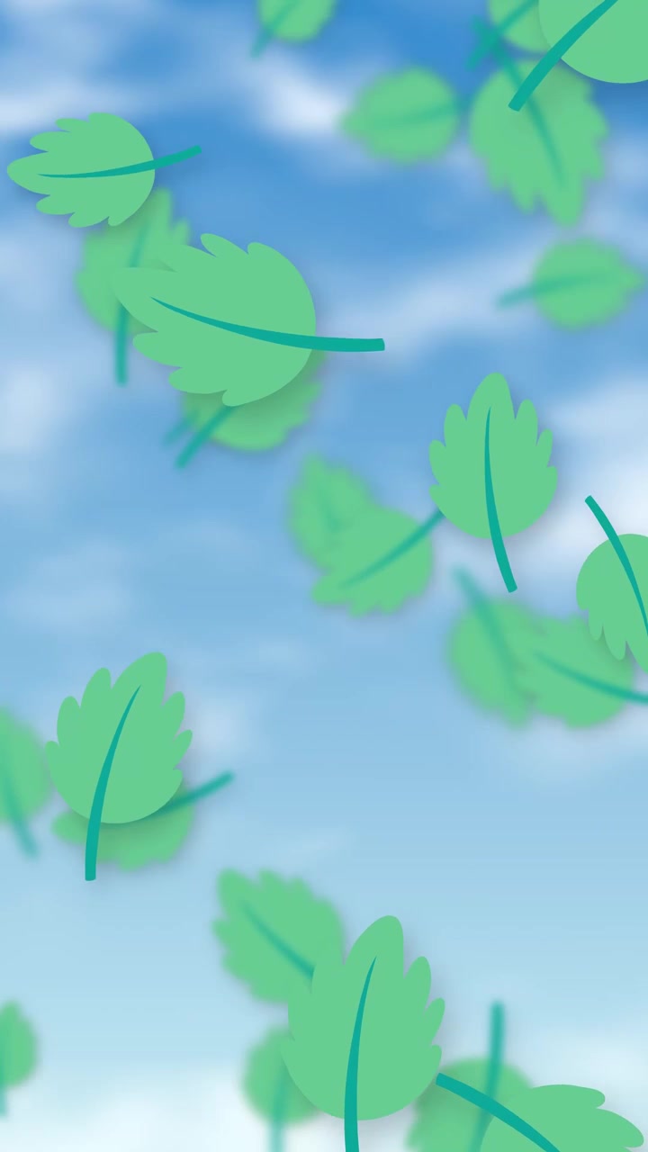 Playful green paper-cut style leaves fall continuously against a soft blue sky with white clouds.