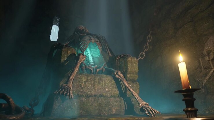 Scheletro Seduto su Trono di Pietra in un Oscuro Sotterraneo