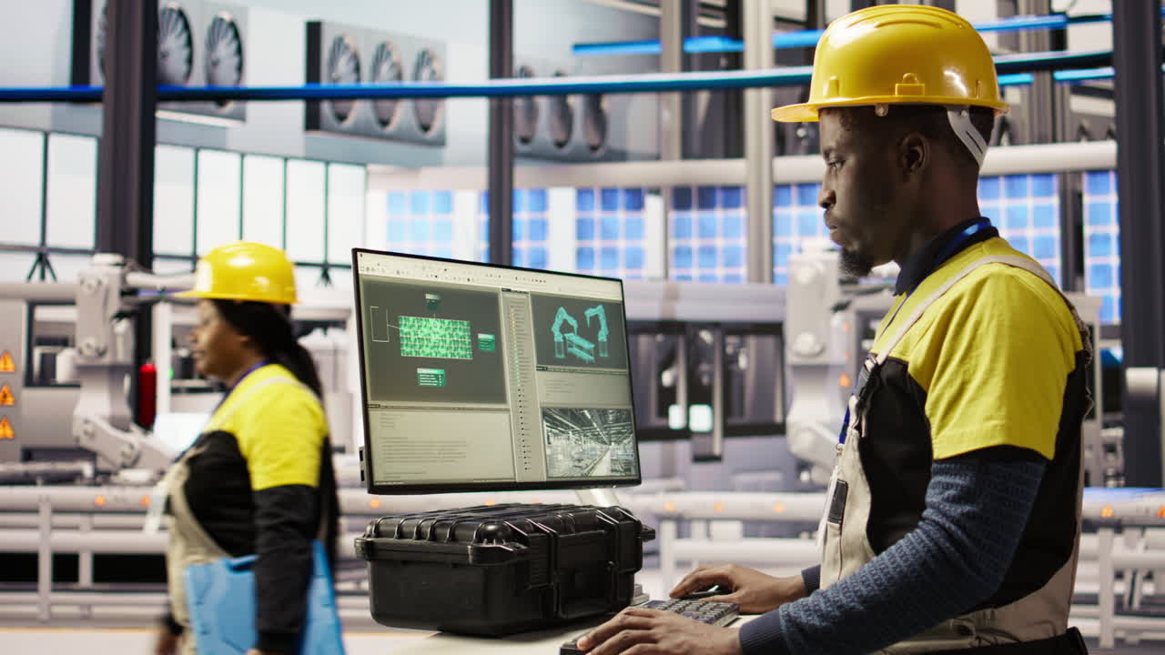 Vertical video Smart factory employee typing on PC keyboard, testing automated systems