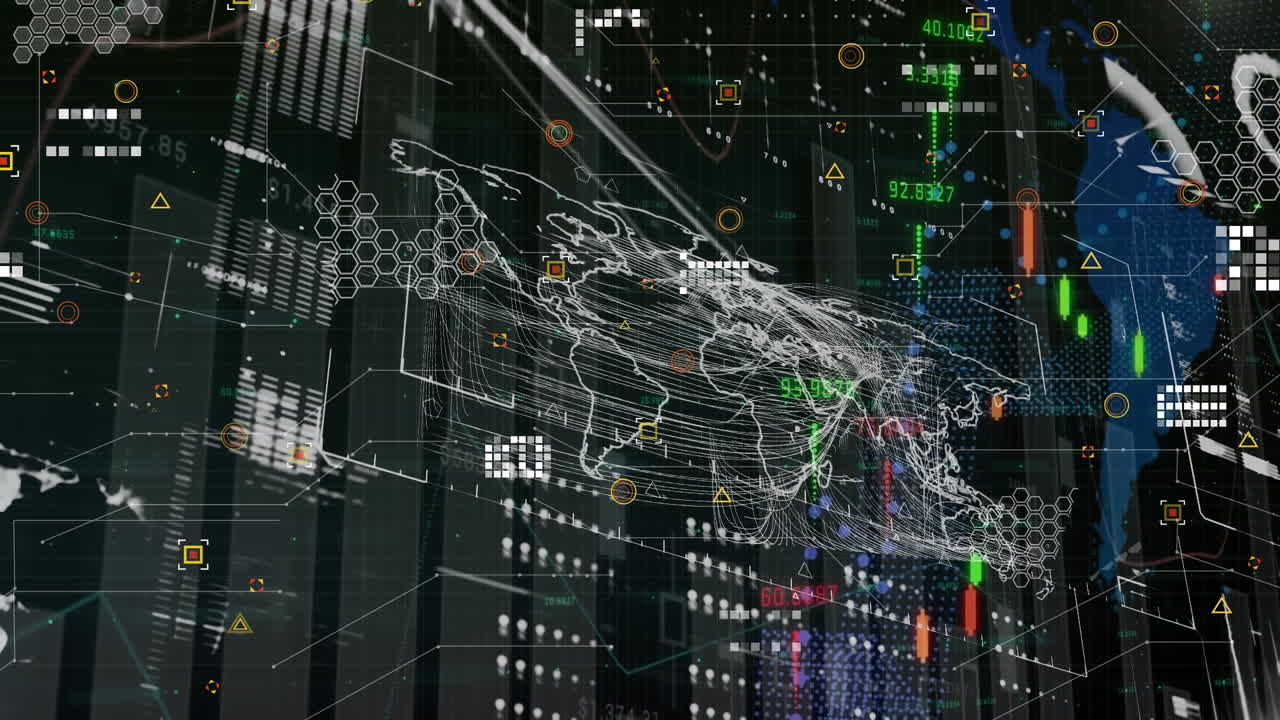 Animation of graphs over digital screen with data and world map