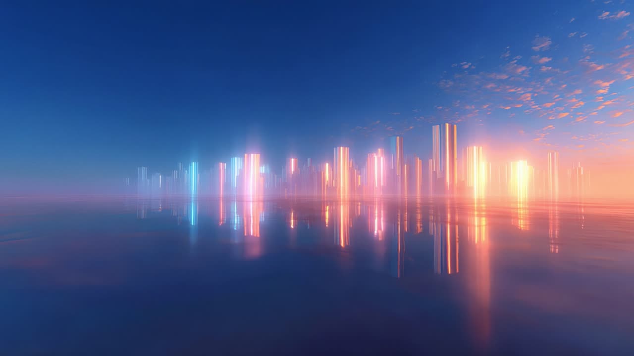 A Stunning Transformation from Dusk to Dawn: A Beautiful View of City Lights Reflecting on a Serene Water Surface While the Sky Transitions to Night, Creating a Dreamlike Atmosphere