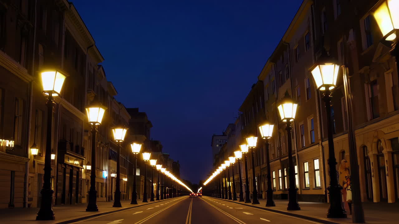 Strada notturna illuminata da lampioni