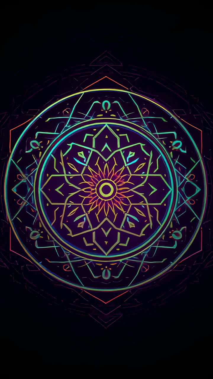Vertical video: Playing mandala rotating neon rings and shifting lotus on black, creating rhythm
