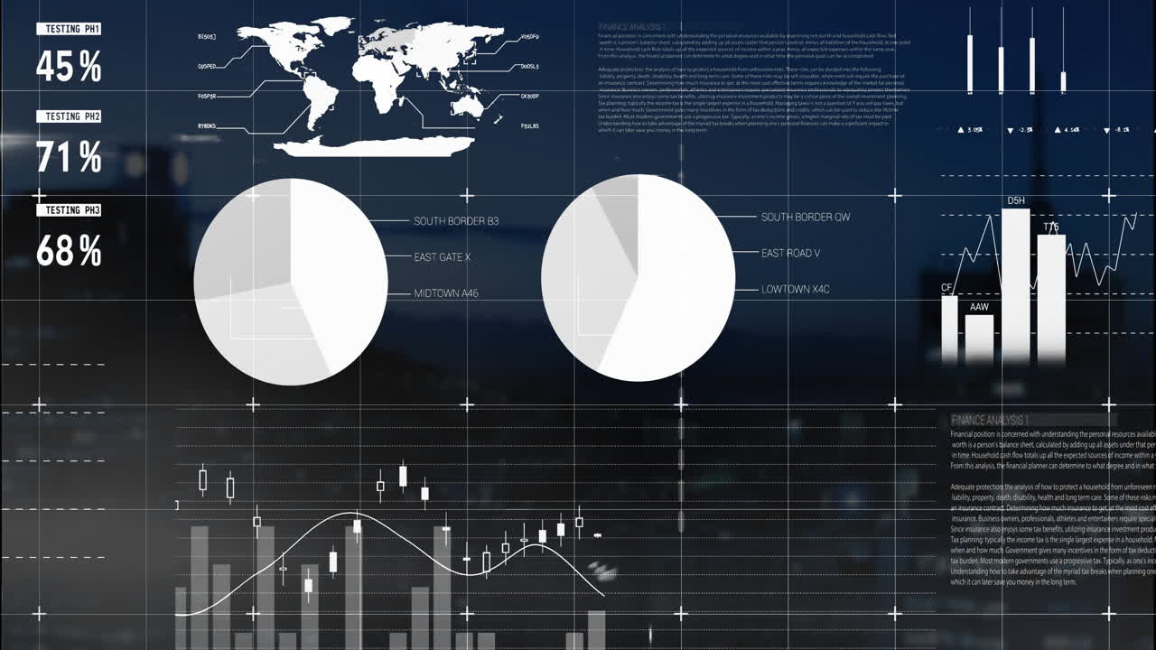 Overlaying financial data charts and graphs on animation of world map and landscape