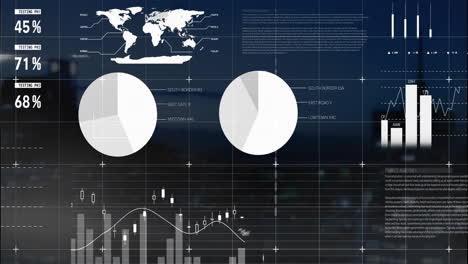overlaying financial data charts and graphs on animation of world map and landscape