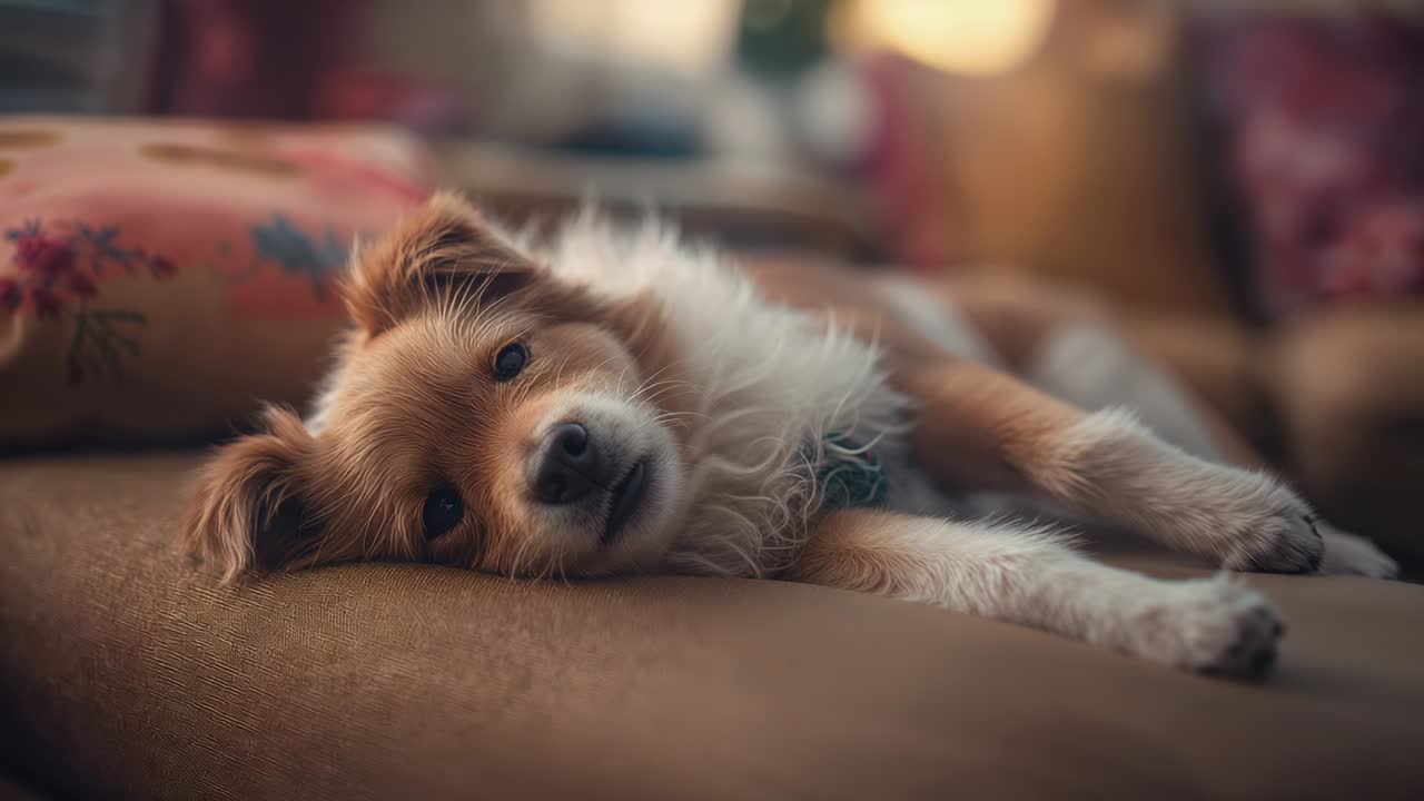 Camera filming small brown-white dog resting, blinking, shifting head and paws on cushion, collar