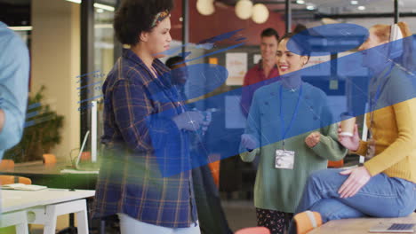 Animation-of-infographic-interface-over-diverse-female-coworkers-having-coffee-and-talking-in-office