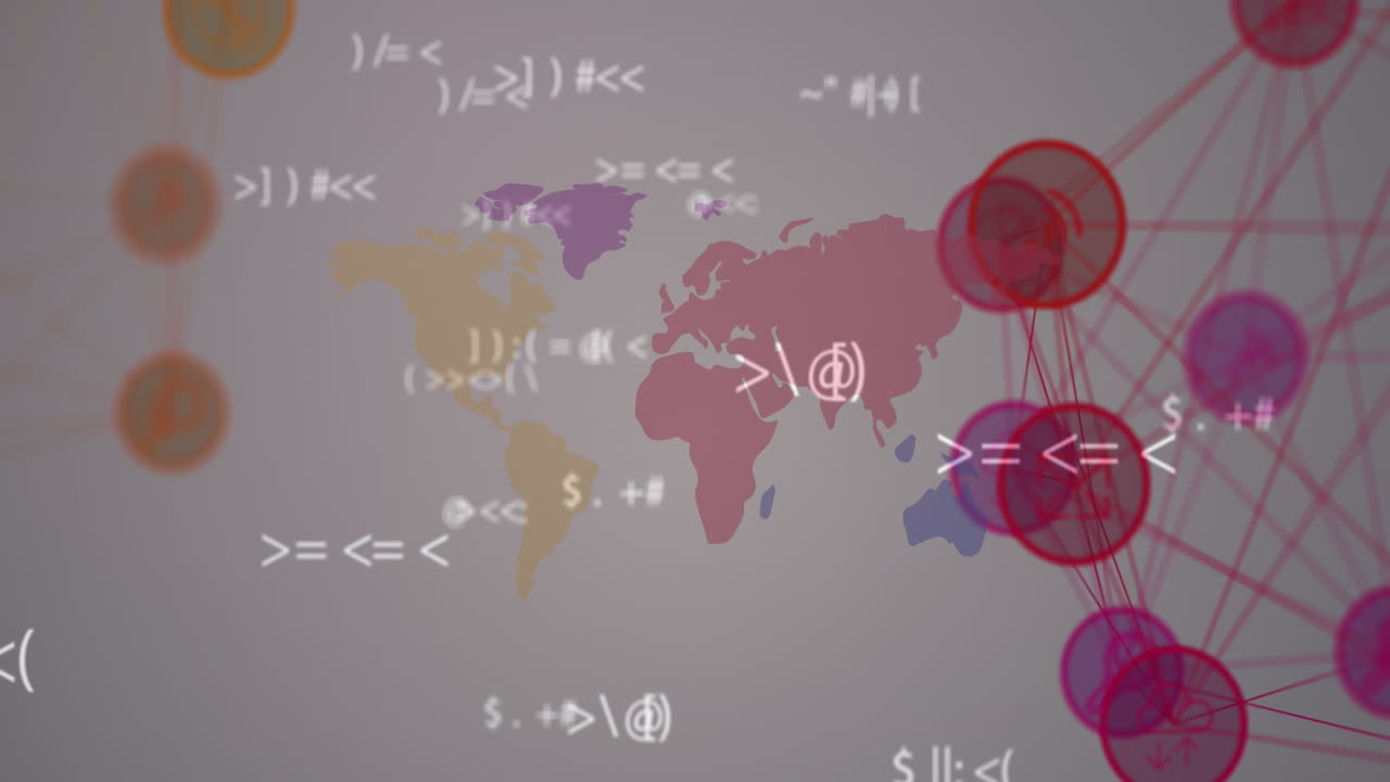Animation of multiple symbols and connected icons forming globes over map
