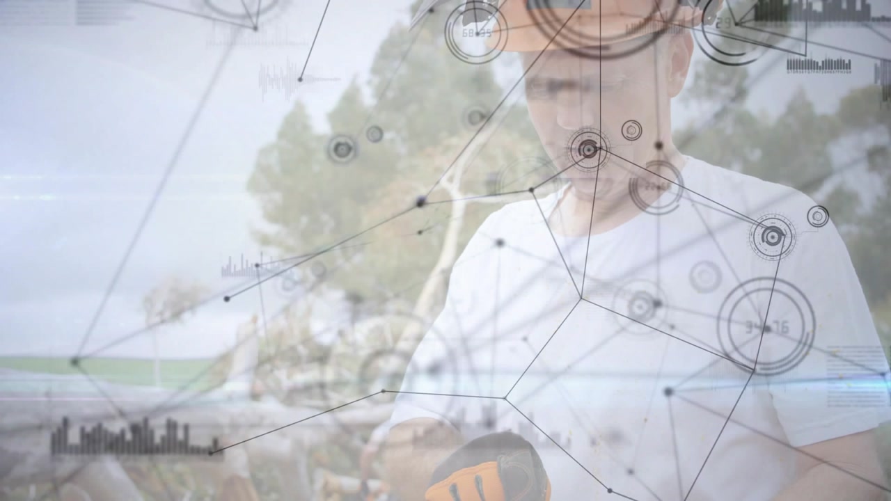 Field technician tapping tablet at lakeshore, animating network nodes while monitoring and glancing