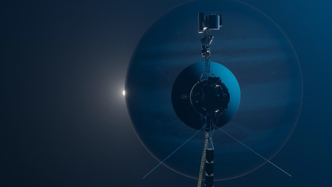animación en 3d que muestra la nave espacial voyager cerca de júpiter