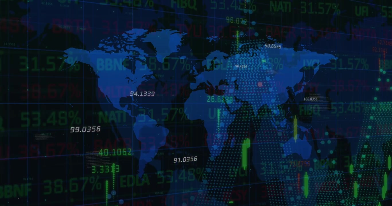 Digital World Map Displaying Global Financial Market Data