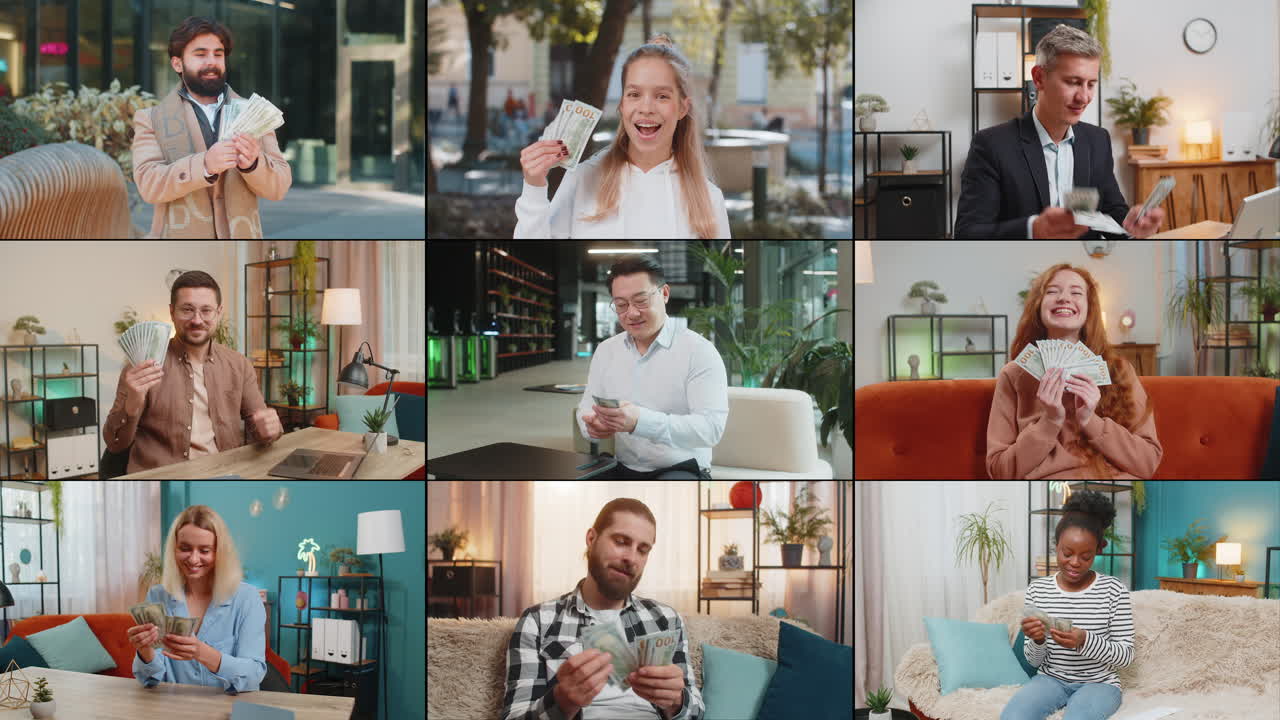 Collage of happy rich people men women counting money dollar cash earnings salary wealth income