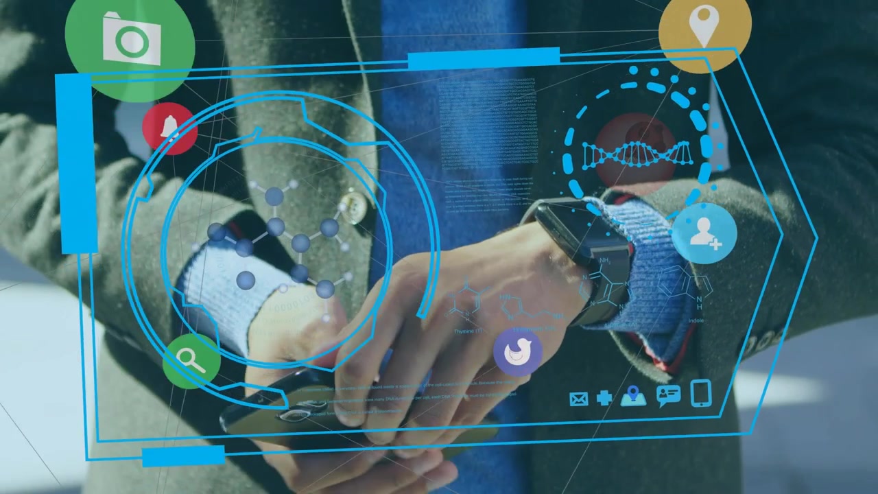Animation of icons and network of connections over caucasian businessman using smartwatch