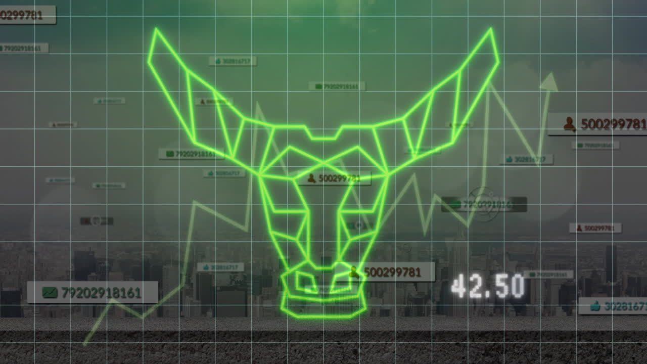 Wireframe bull head graphic rising on grid, showing upward trend line and floating numeric icons