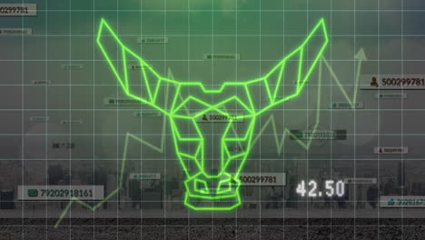 wireframe bull head graphic rising on grid, showing upward trend line and floating numeric icons