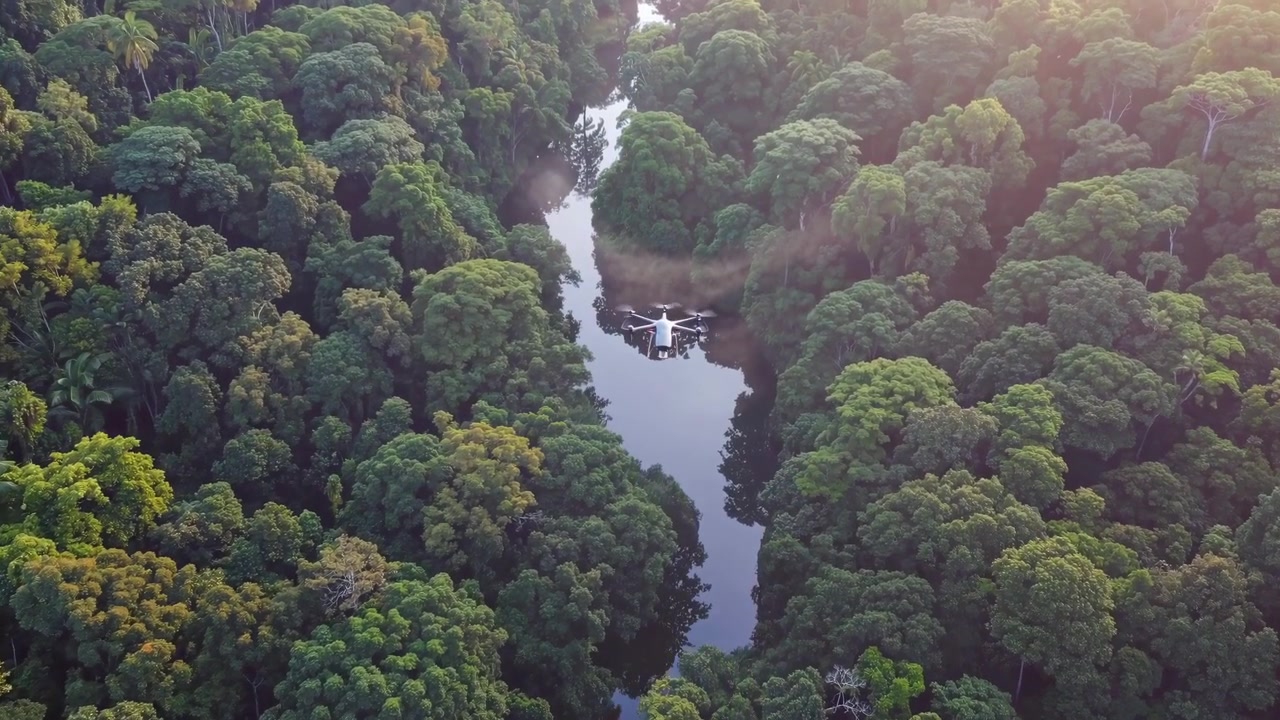 Drone in volo sopra un fiume della foresta pluviale tropicale al tramonto