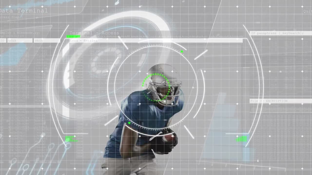 escaneo de alcance sobre jugador de rugby afroamericano masculino lanzando una pelota de rugby