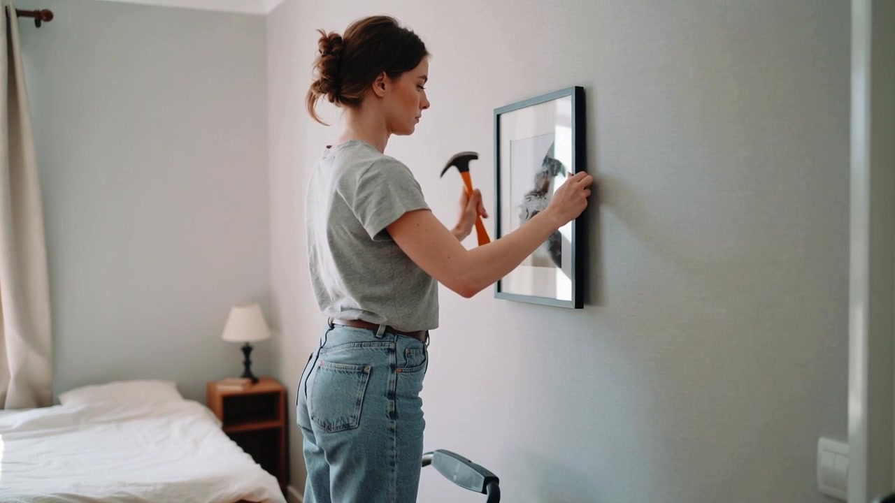 Hanging framed picture, woman in gray t-shirt on step ladder tapping wall with hammer, copy space