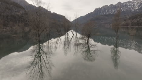 winter landscape of a mountain lake with reflections