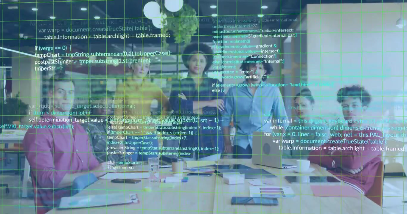At start Tech team standing around table grid overlay sweeping and matrix scrolling showing data