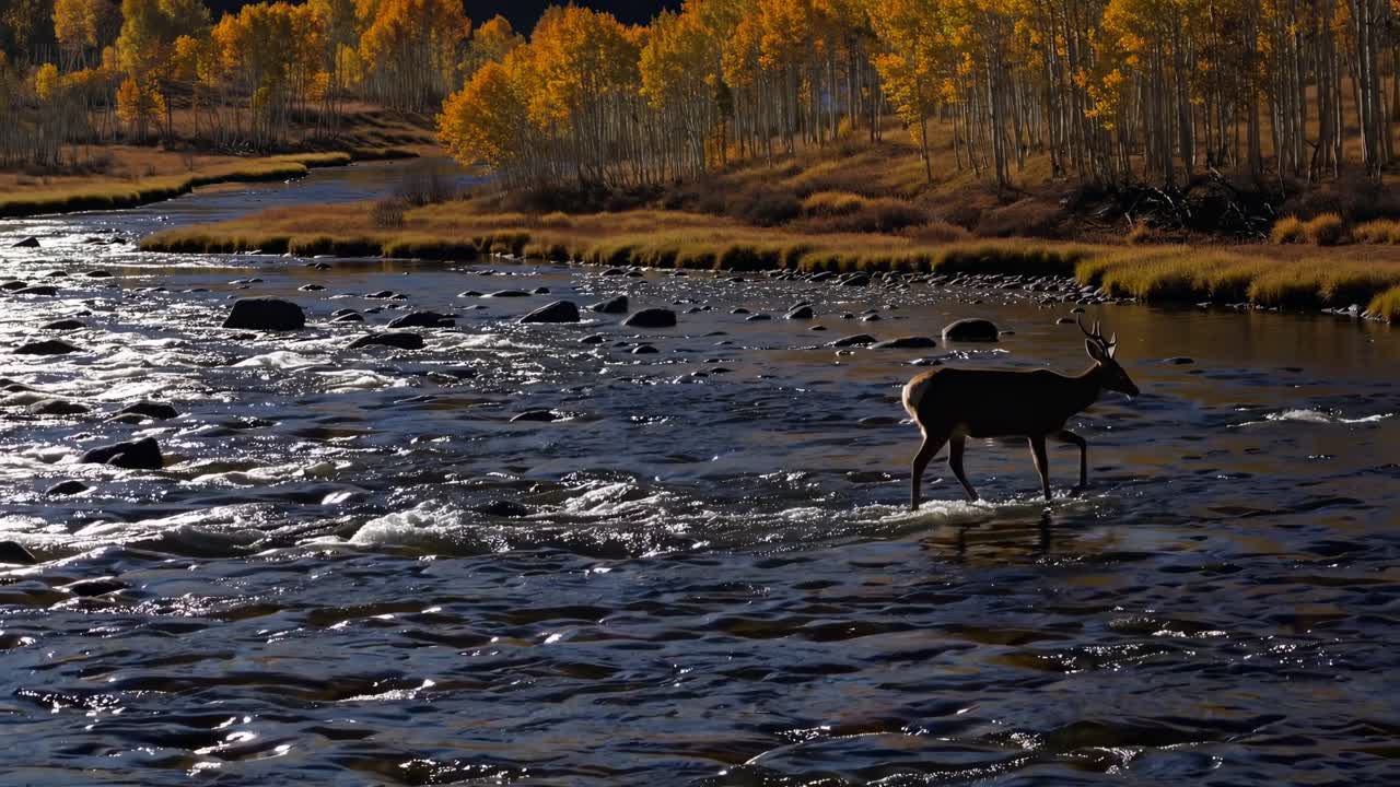 Una ripresa video grandangolare cattura un sereno paesaggio autunnale con alberi dorati e un fiume che scorre.