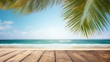 tropical beach scene with wooden deck in foreground, captured from a low angle