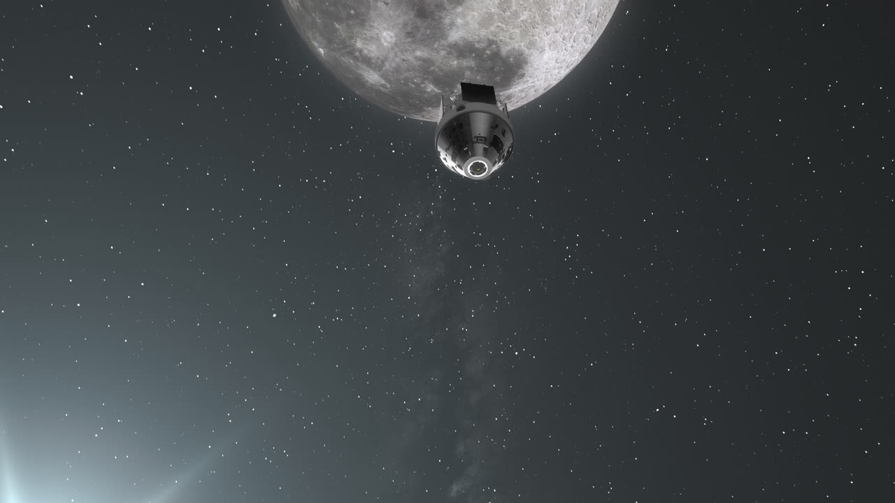 Orion Artemis Capsule Carrying Astronauts Heading Home to Earth After Visiting Moon with Sun Flare and Milky Way Galaxy - 3D Space Animation 4K