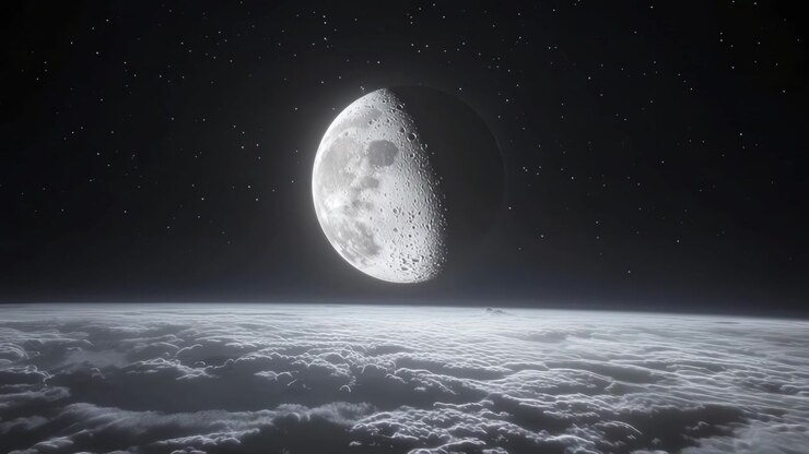Meia Lua Brilhando Acima das Nuvens em um Céu Noturno Estrelado