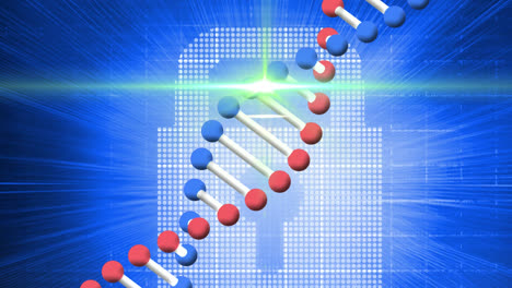 animation of light beam moving over 3d dna rotating, lock icon on blue digital interface