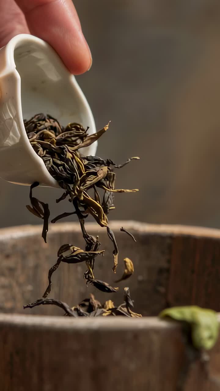 Vertical video: Tilting hand pouring dried tea leaves from cup into wooden jar at table for brewing