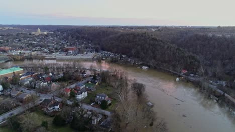 Aerial-landscape-of-downtown-skyline-in-Frankfort-Kentucky-riverside-residential-neighborhood